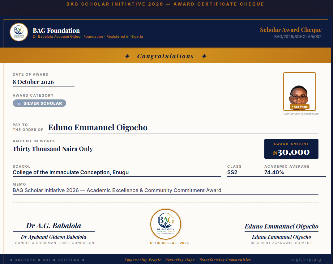 Eduno Emmanuel Oigocho Award Cheque
