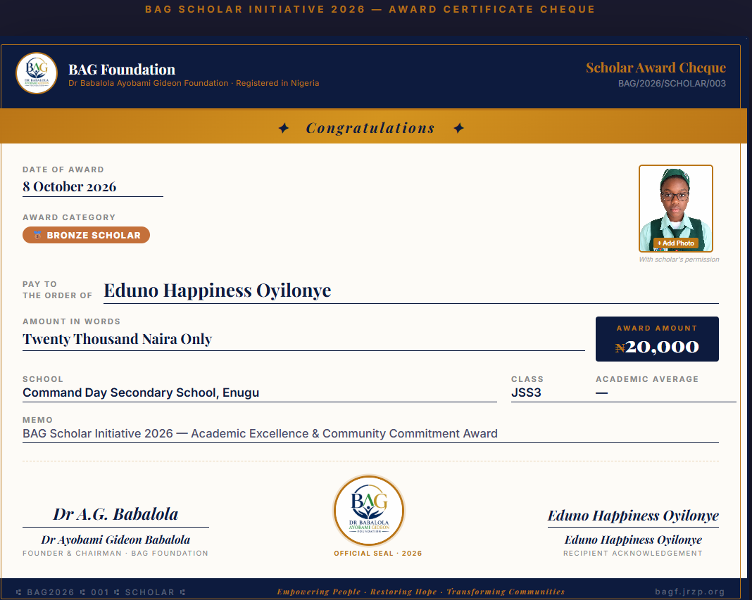 Eduno Happiness Oyilonye Award Cheque
