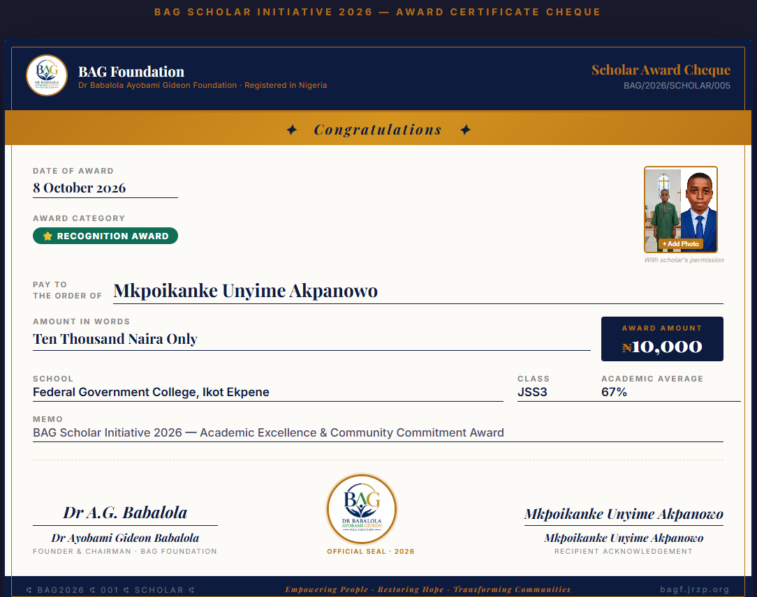Mkpoikanke Unyime Akpanowo Award Cheque