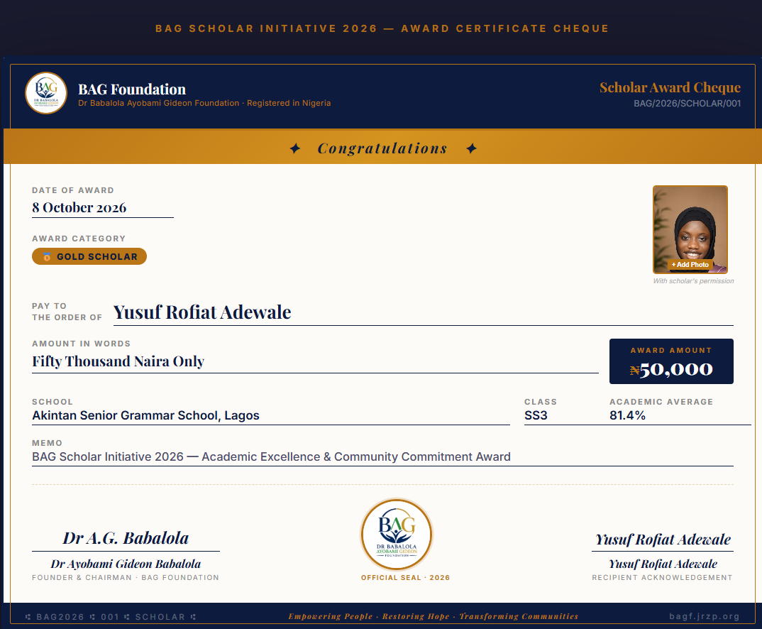 Yusuf Rofiat Adewale Award Cheque